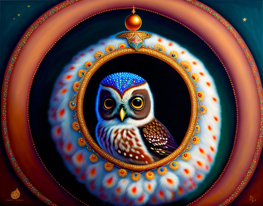 Colorful Owl Illustration with Intricate Patterns and Mystical Background