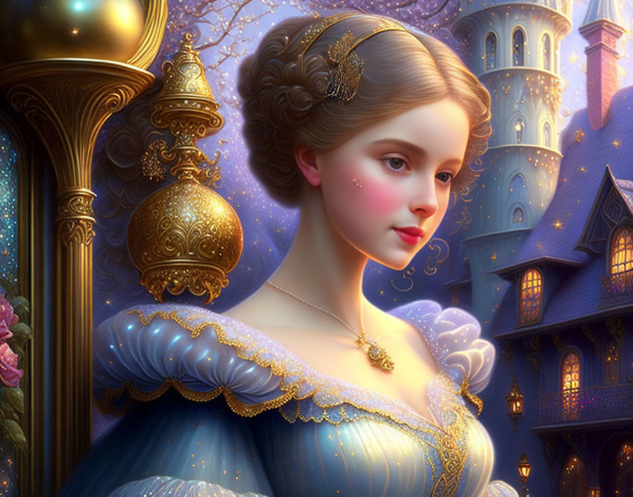 Victorian-themed digital artwork of woman in castle setting