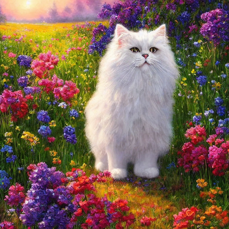 White Cat in Colorful Flower Field at Sunset