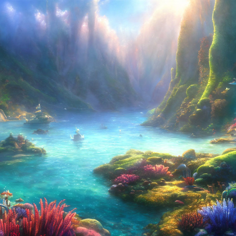 Fantastical landscape with blue river, cliffs, and colorful flora