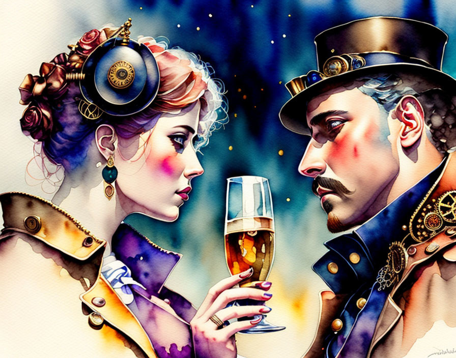 Victorian steampunk couple in watercolor with champagne glass