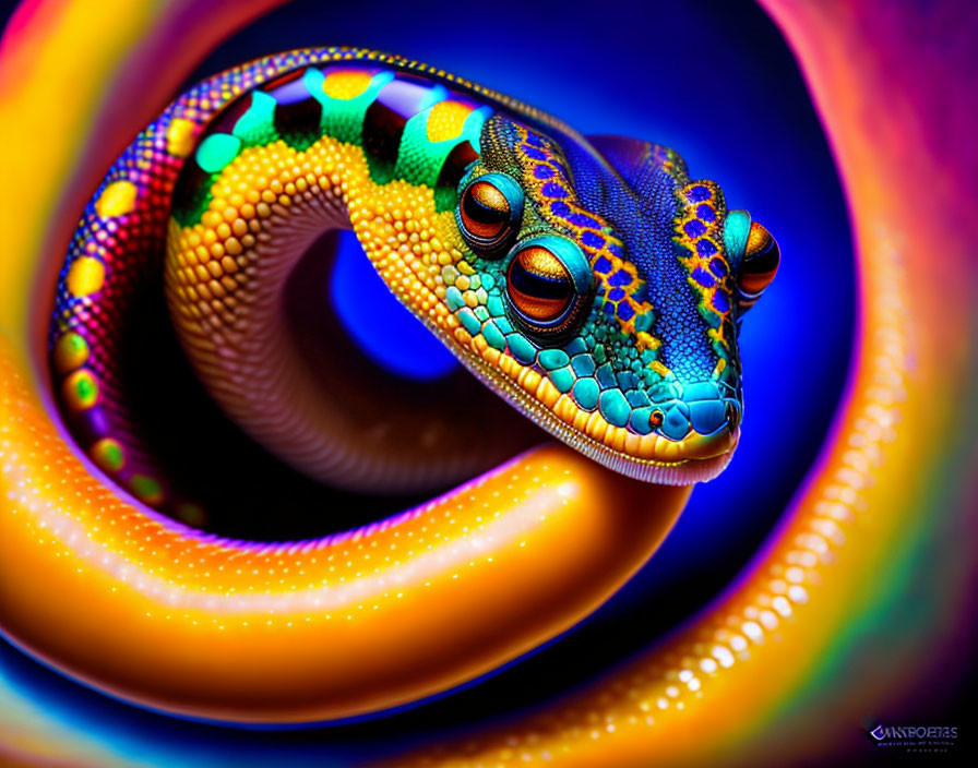 Colorful gecko art with psychedelic background swirls