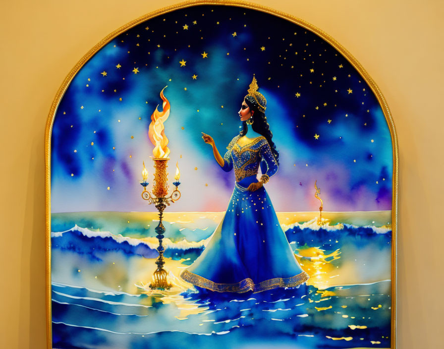 Colorful painting of woman with flame in traditional attire under starry sky and sea in arched frame