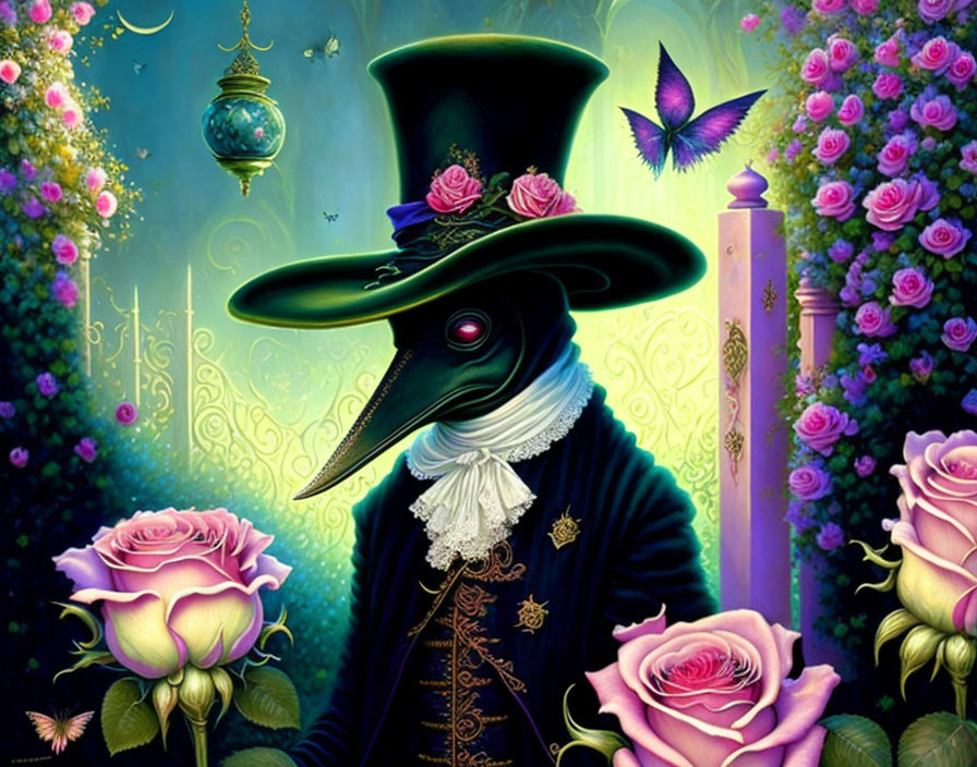 Whimsical character in bird-like mask and top hat among roses and butterfly