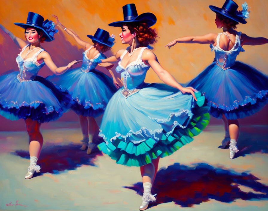 Three Dancers in Blue and White Costumes Performing Synchronized Routine