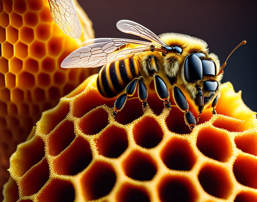 Detailed Close-Up of Honeybee with Transparent Wings on Honeycomb