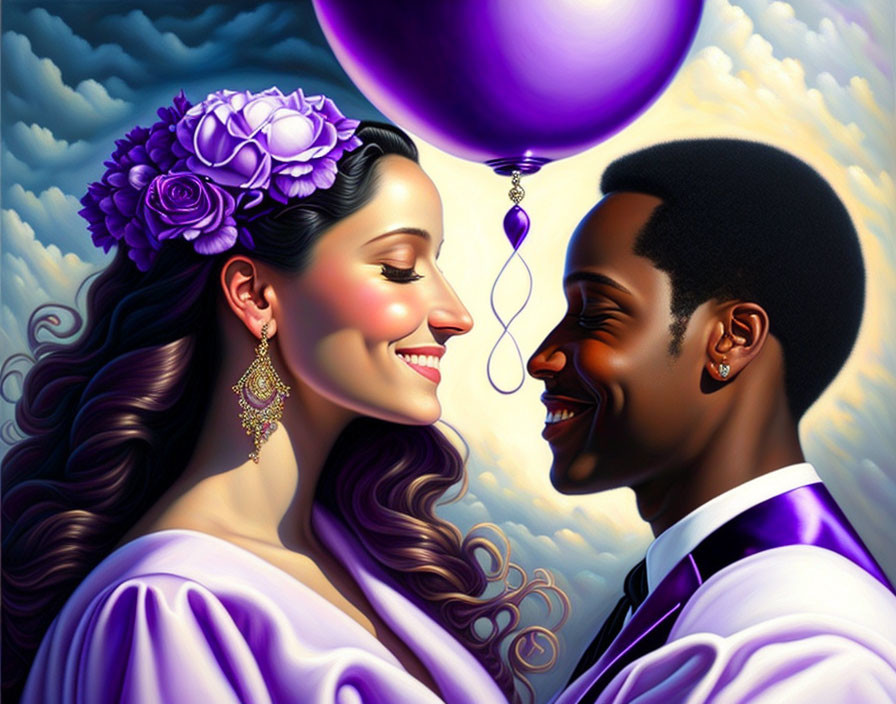 Smiling couple in formal attire with surreal cloud background