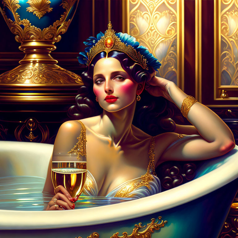 Luxurious woman in bathtub with elegant jewelry and champagne surrounded by golden decor