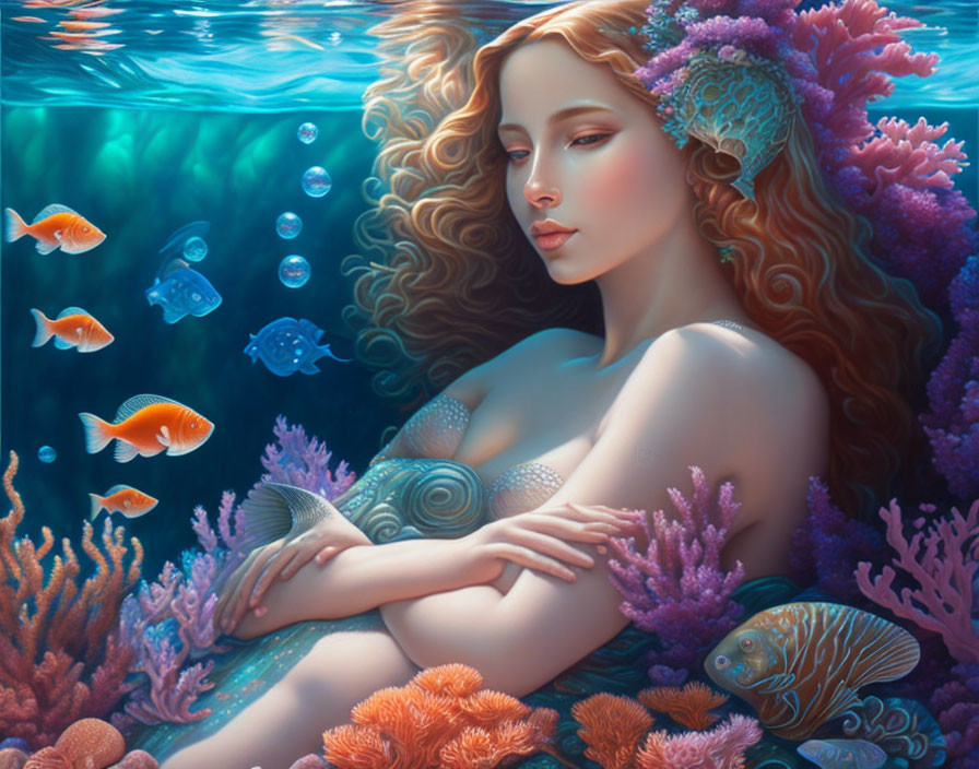 Underwater scene: serene mermaid amid coral reefs and fish.