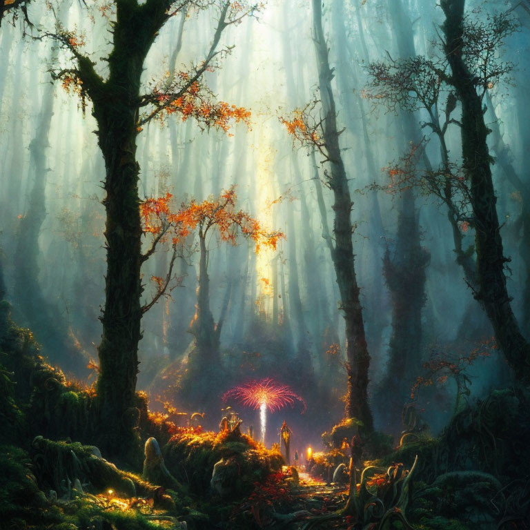 Enchanting forest scene with sunlight, moss, and mystical creature