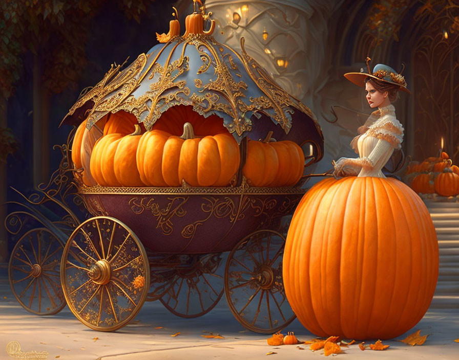 Woman in elegant dress beside intricate gold pumpkin carriage in enchanted forest