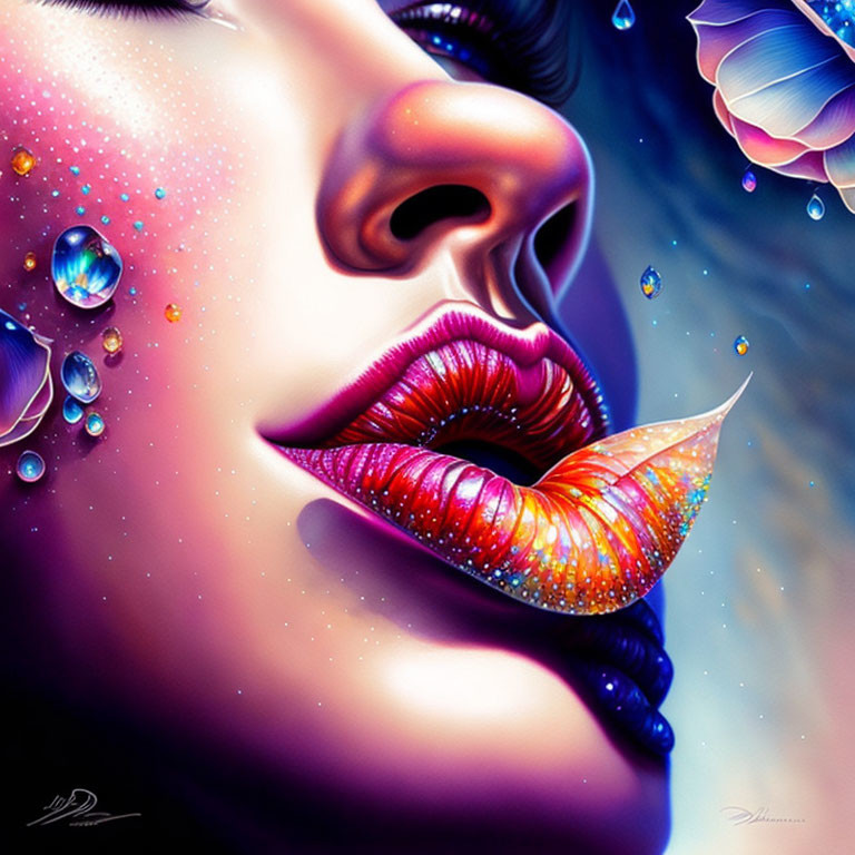 Vibrant cosmic lips with jewels and tears on deep blue background