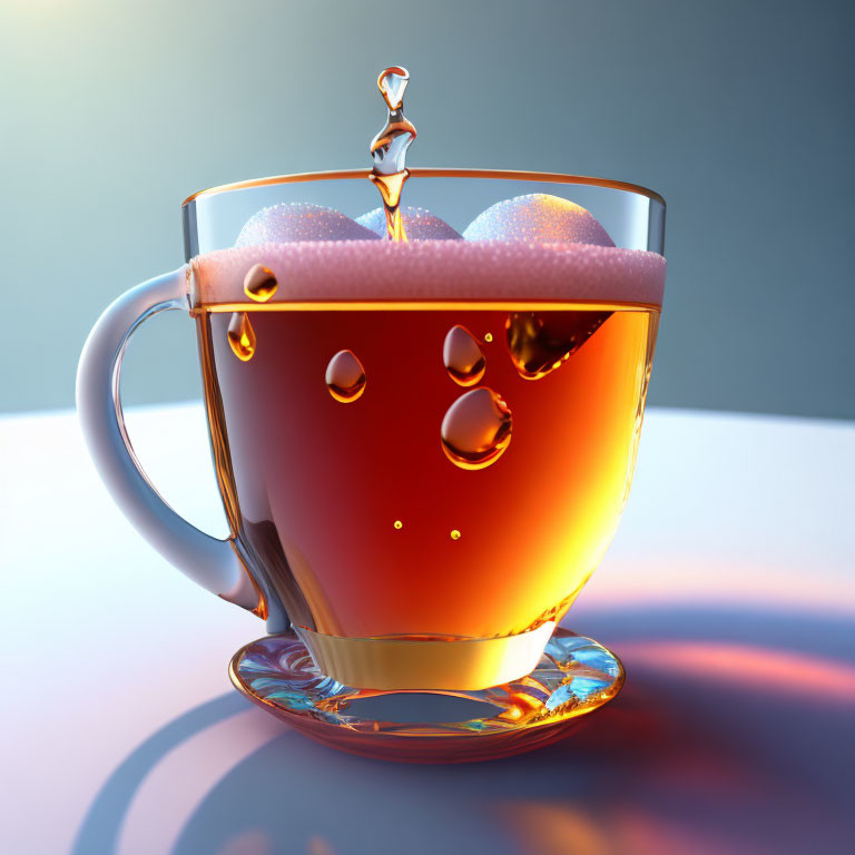 Transparent cup of tea with bubbles and dynamic splash on saucer in soft lighting