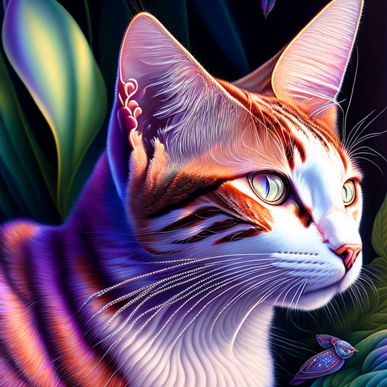 Colorful Cat Illustration with Orange and White Patterns on Dark Background