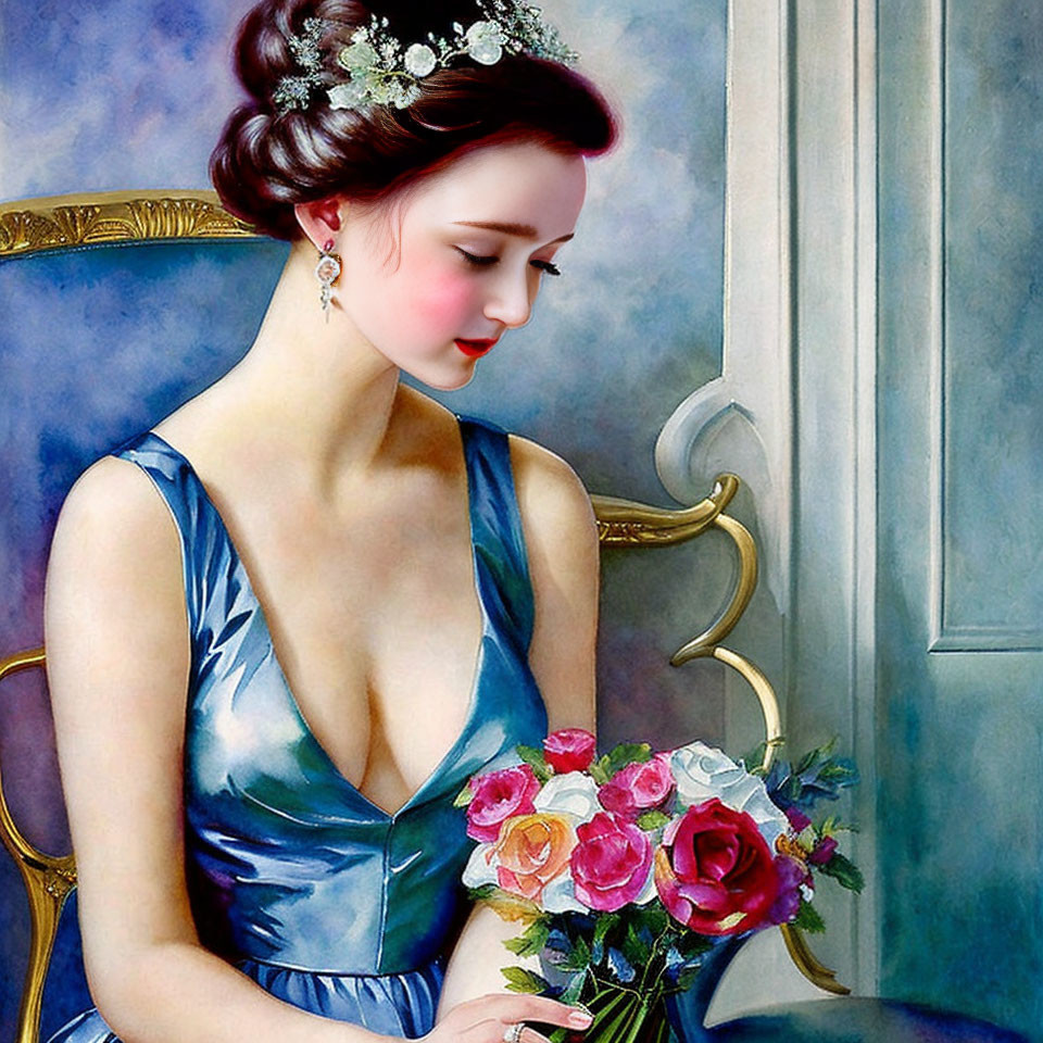 Serene woman in blue satin dress with roses bouquet by classical window