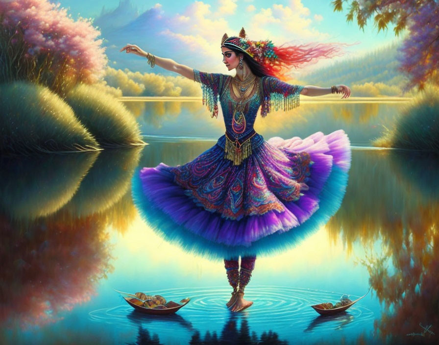 Traditional attire woman dances on water in serene nature