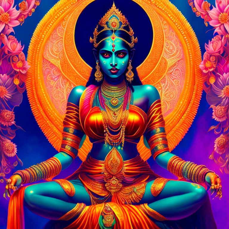 Blue-skinned, four-armed figure in lotus position with glowing aura and floral backdrop