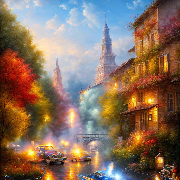 Vibrant Dusk Street Scene with Eiffel Tower Backdrop and Illuminated Buildings