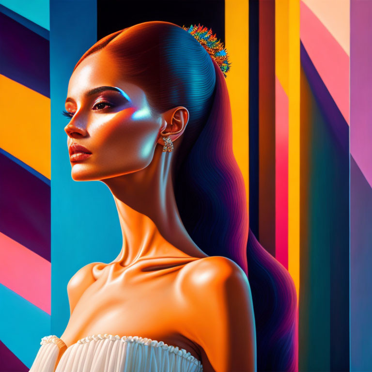 Sleek Hair Woman Portrait with Vibrant Geometric Shapes