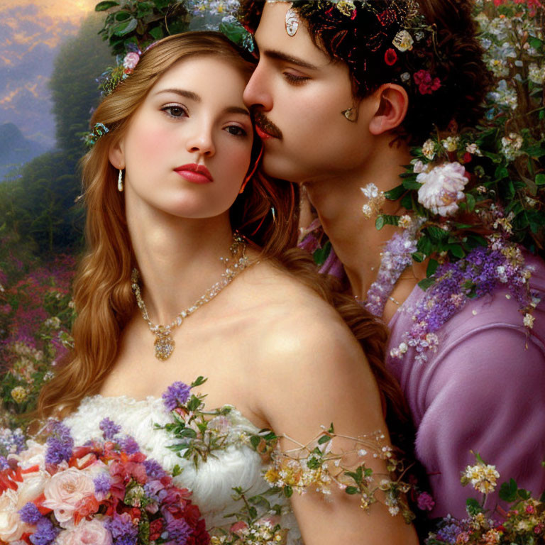 Romantic digital artwork of couple embracing amid vibrant flowers