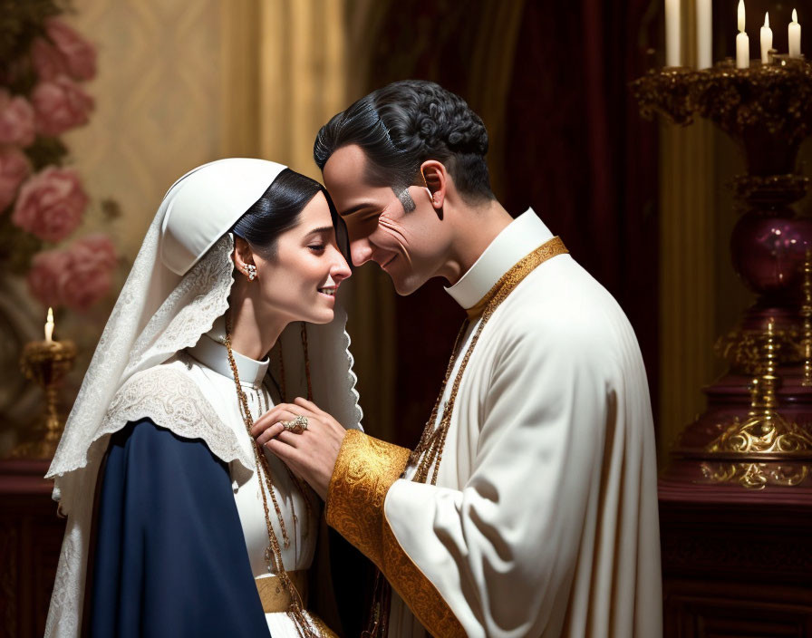 Historical wedding attire couple in intimate moment.