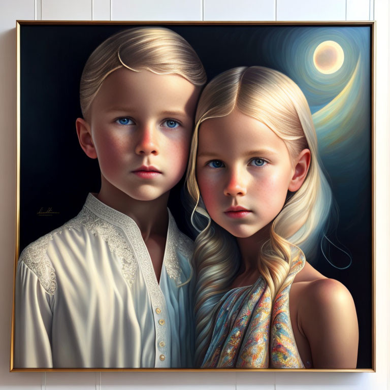 Hyperrealistic digital painting of boy and girl with blue eyes and blonde hair