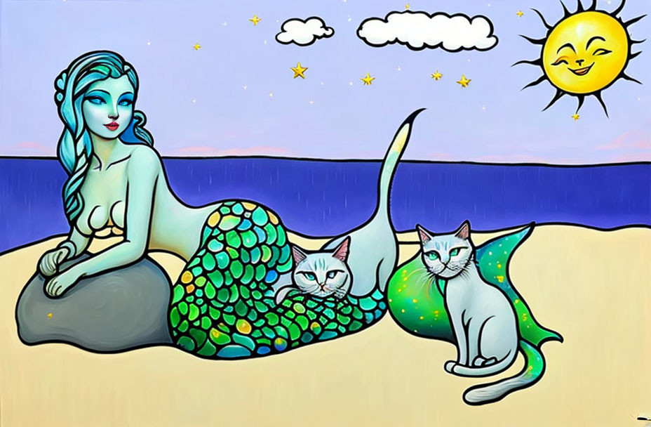 Blue-skinned mermaid and cats with mermaid tails on beach under starry sky and smiling sun