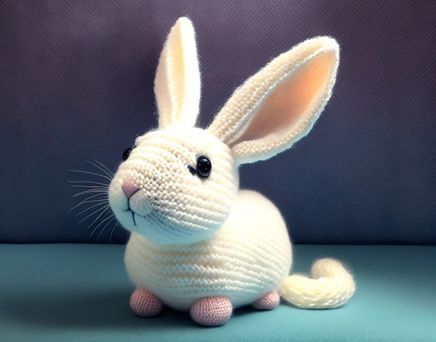 Crochet bunny with prominent ears on blue gradient background