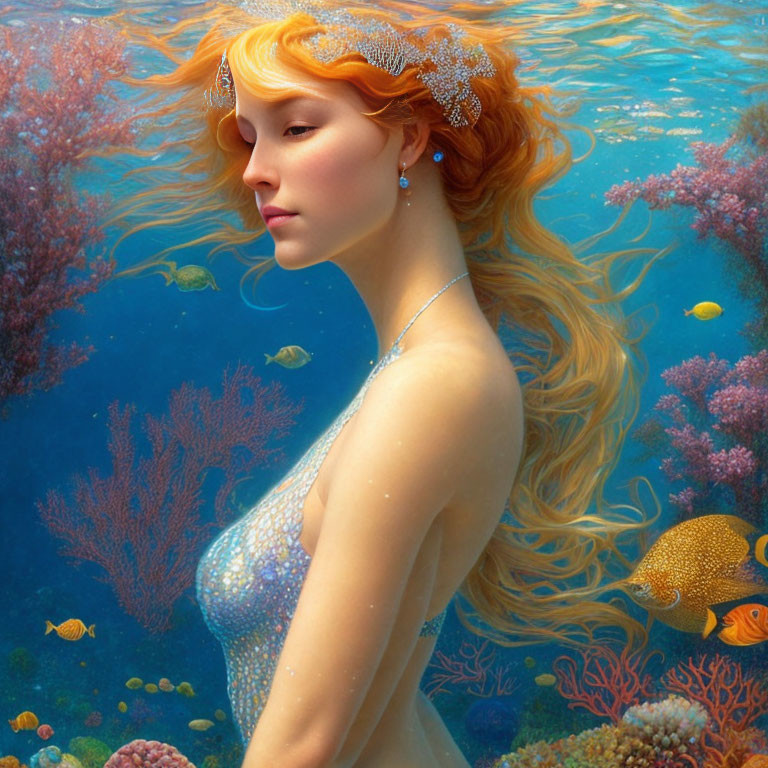 Red-haired woman with jeweled headpiece in underwater scene with coral and fish