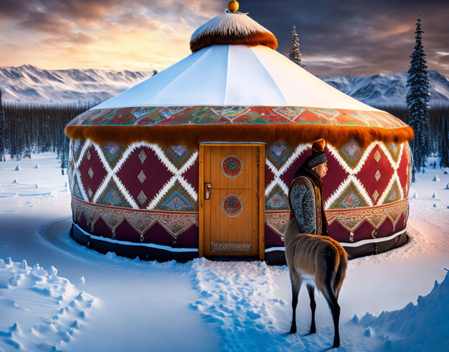 Person and reindeer by vibrant yurt in snowy landscape at sunset