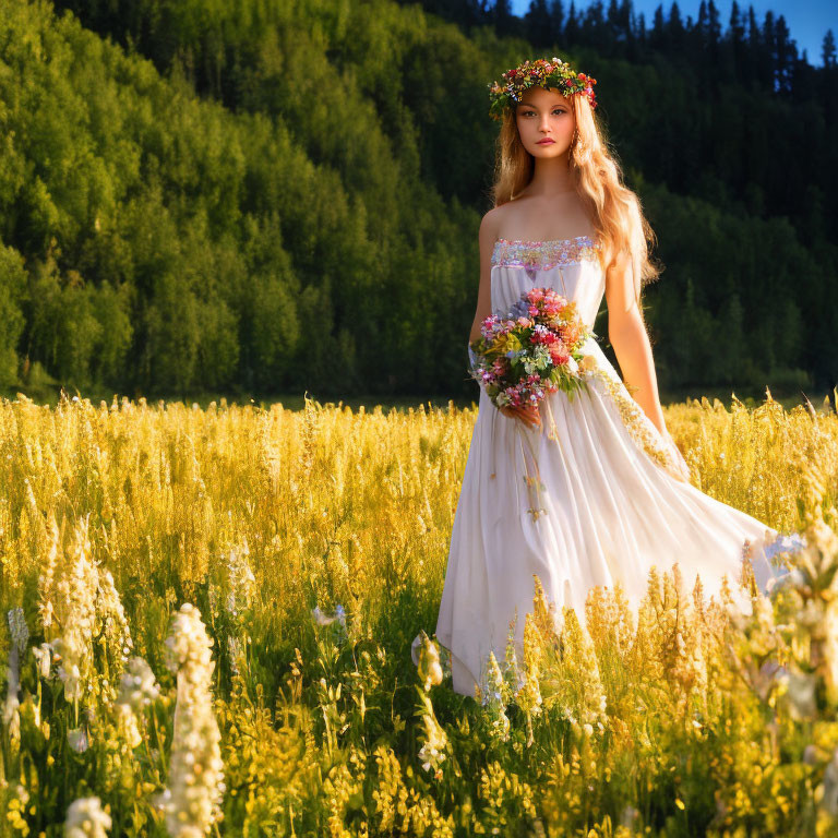 Woman in white dress with floral headpiece in blooming meadow at sunset