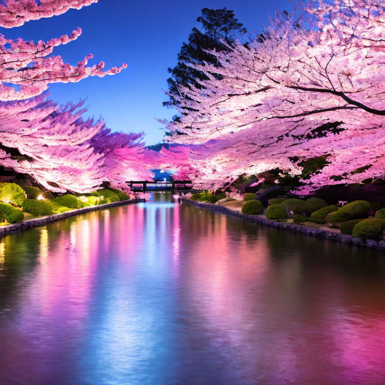 Tranquil twilight landscape with pink cherry blossoms, river reflection, and torii gate