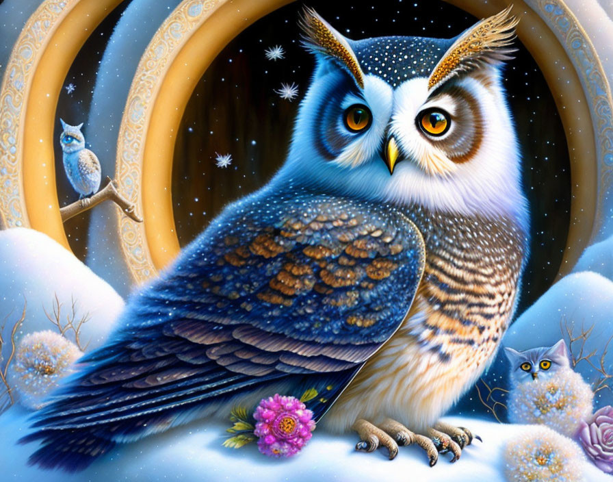 Detailed owl artwork with intense yellow eyes in whimsical night scene