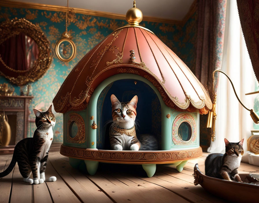 Luxurious Victorian-style room with ornate cat-sized tent and regal feline surrounded by admirers