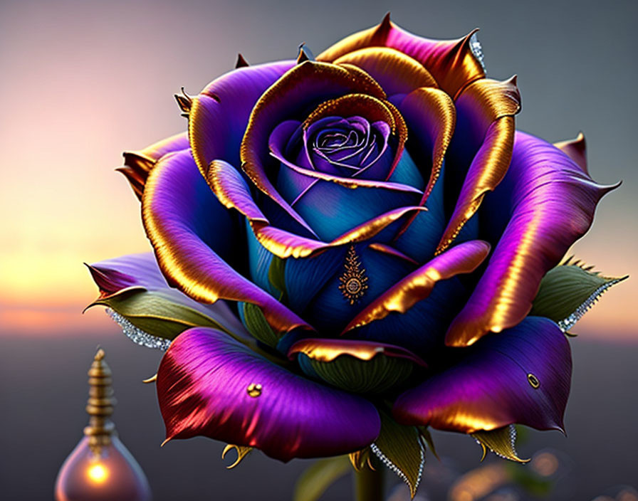 Iridescent Purple and Blue Rose with Gold Details on Sunset Background