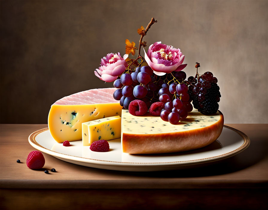 Artistic still life photo of cheese, grapes, berries, and flowers on a wooden plate