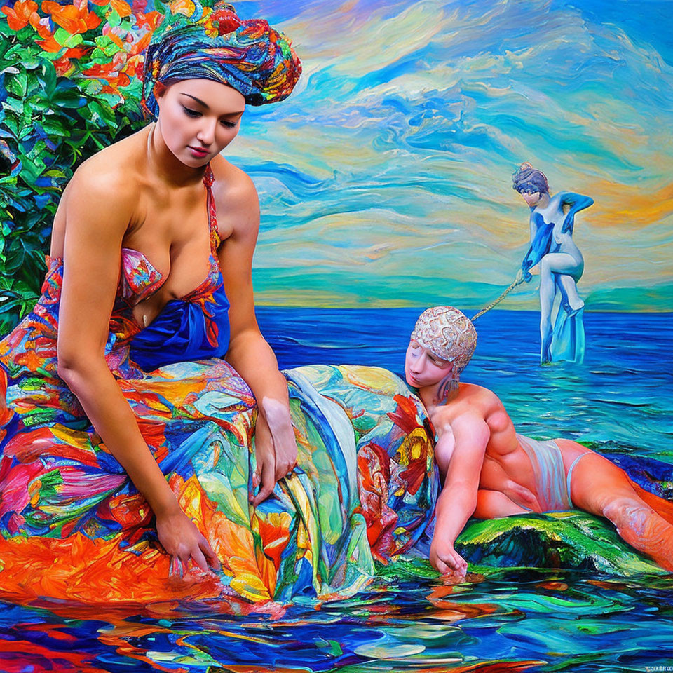 Colorful Painting: Woman in Turban by Water with Horse Figure