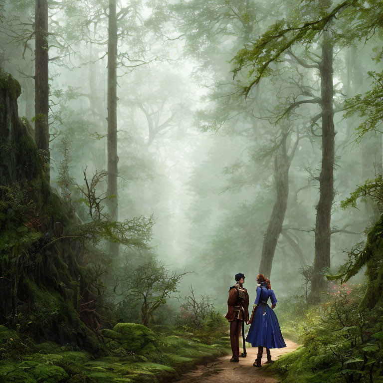 Historical individuals on forest path in misty setting