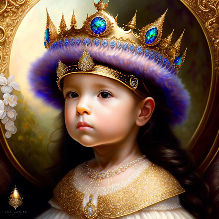 Young Child Wearing Ornate Golden Crown with Peacock Feathers