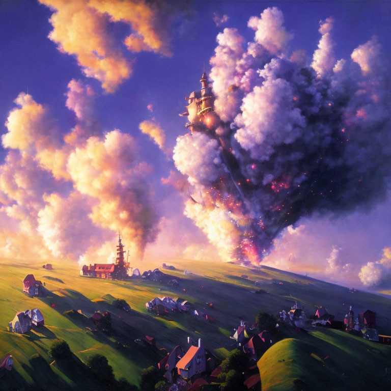 Village and castle on hill amidst colorful erupting clouds