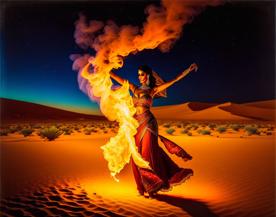 Woman's fiery desert dance under aurora borealis