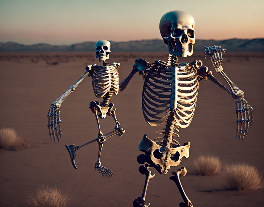 Human skeletons walking in desert with warm light.