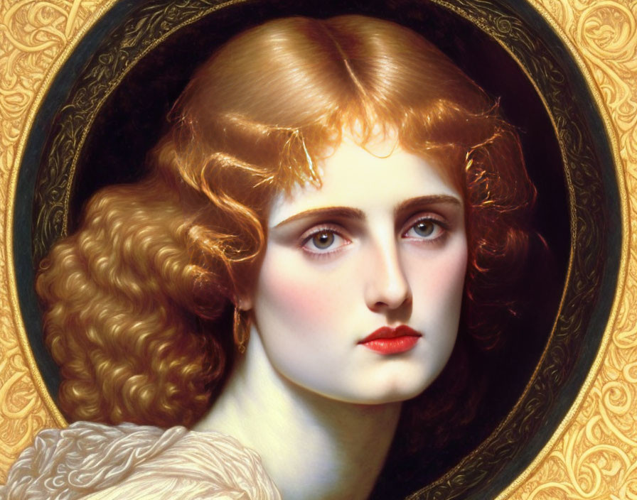 Classical portrait of a woman with golden curly hair and blue eyes