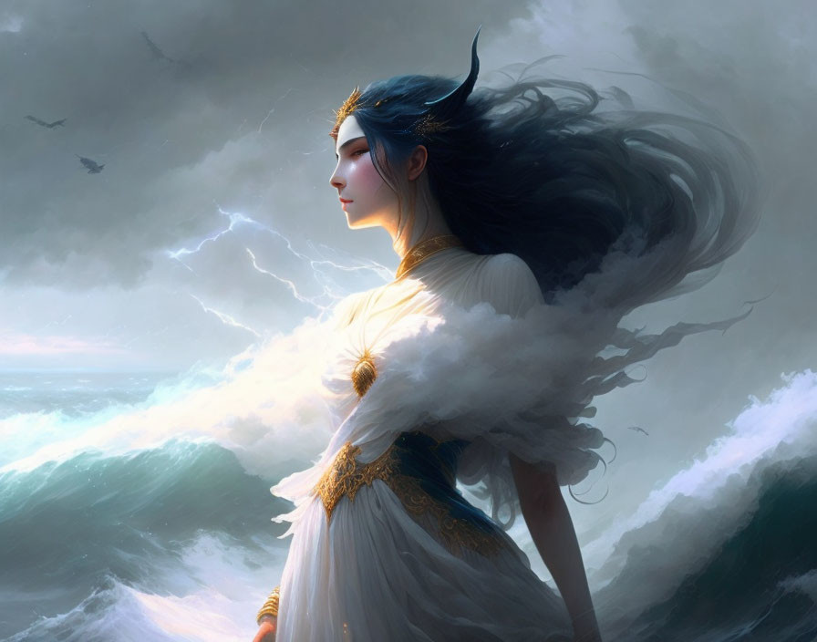 Dark-haired woman in white dress merges with clouds over turbulent seas.