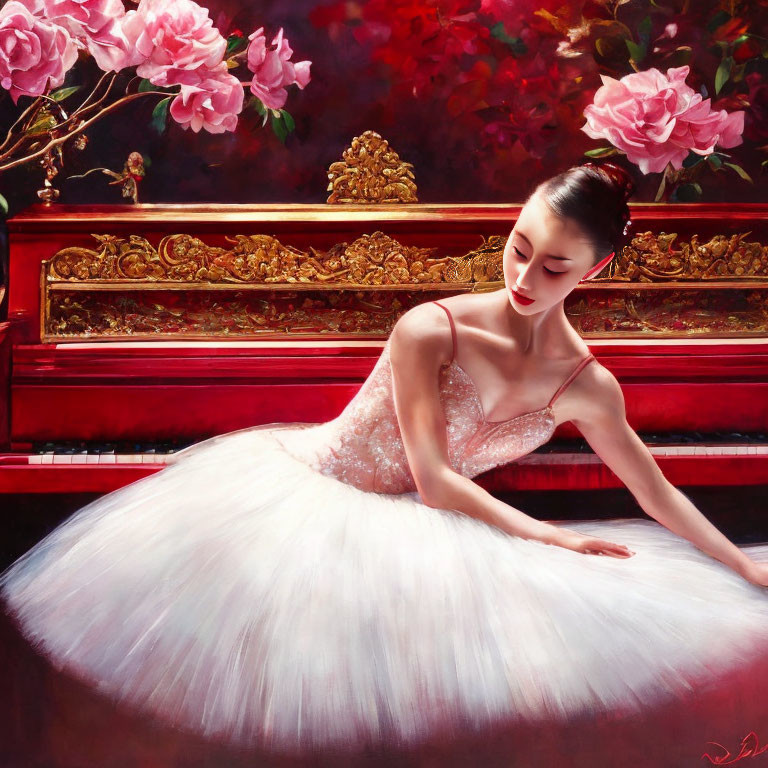 Elegant ballerina in white tutu near grand piano with pink roses