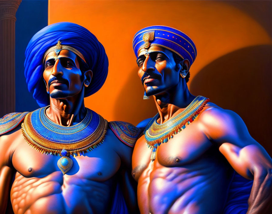 Ancient Egyptian men in traditional attire on orange background