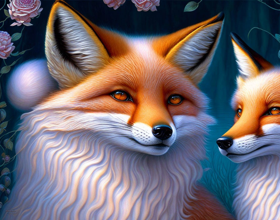 Vividly Colored Foxes with Lush Fur on Dark Floral Background