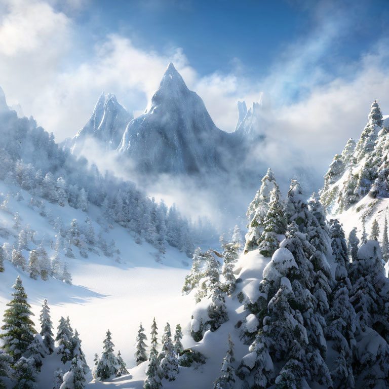 Snow-covered trees, frozen lake, and majestic mountains in winter landscape