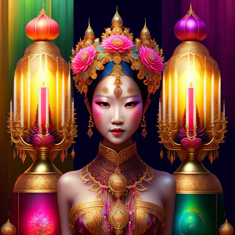 Digital image of woman in traditional Asian makeup with ornate lamps