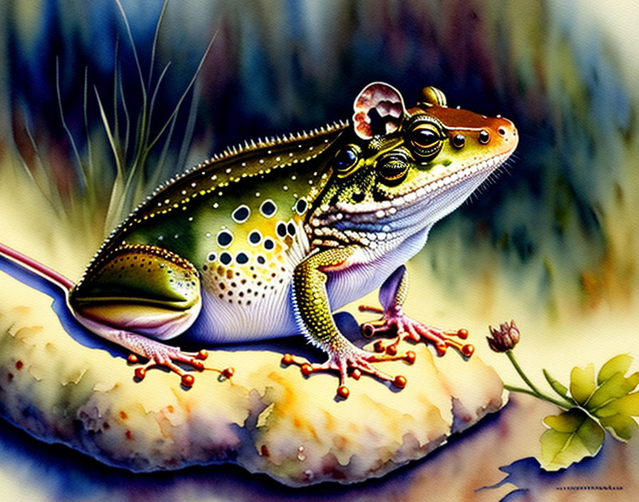 Vibrant frog illustration with detailed skin patterns on rock in grassy setting